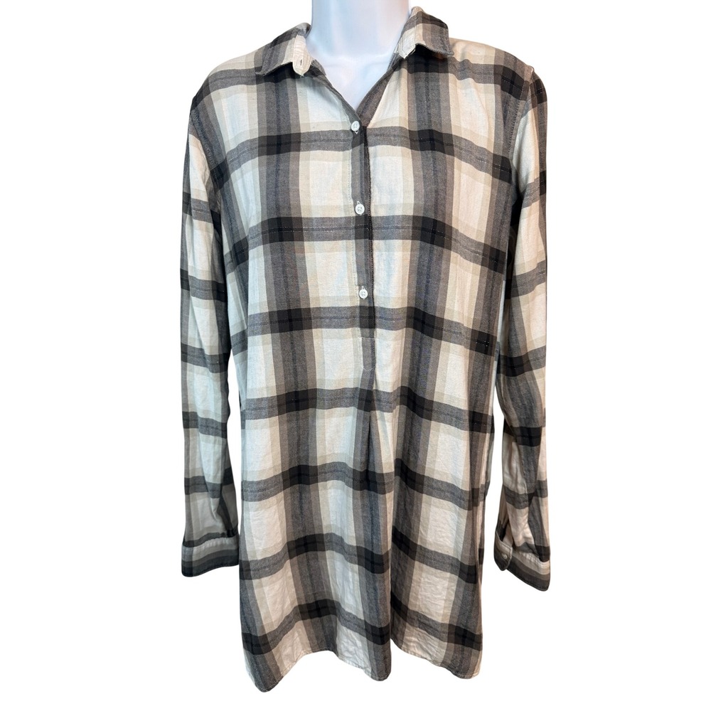 Gap Plaid Half Button Down Tunic Shirt Dress Metallic Black Gray Medium Tall